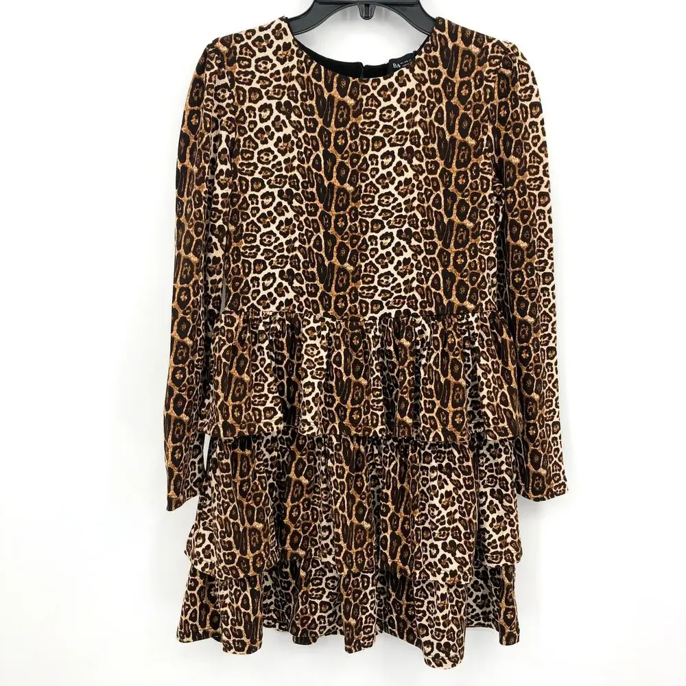 BARDOT JUNIORS Girls Keira Dress Size 14 Brown Leopard Knit Tiered Long Sleeves